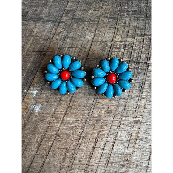 Vintage Turquoise & Red Flower Clip-On Earrings Boho Southwestern Style - Picture 5 of 5